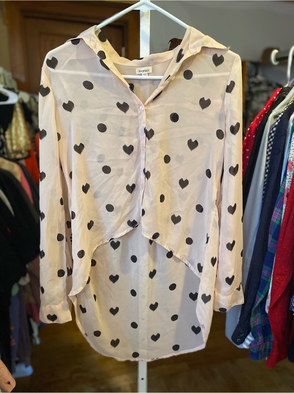 Sheer Blush Button-Down High-Low Shirt with Black Heart & Dot Print
